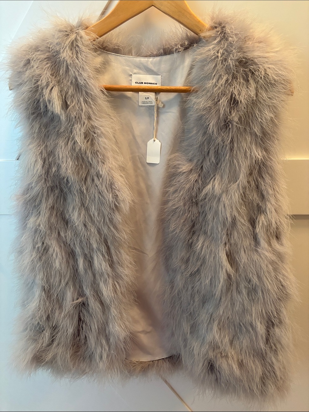 Club Monaco Feather-Trimmed Faux Fur Vest in Light Grey